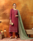 Floral Wool Blend Kurta Set with Embroidered Mandarin Collar & Printed Dupatta