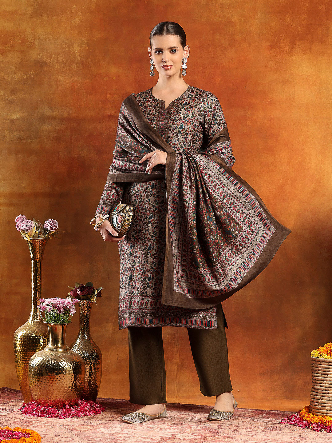 Pashmina Kani Print Kurta Set with Swarovski Yoke &amp; Wool Dupatta