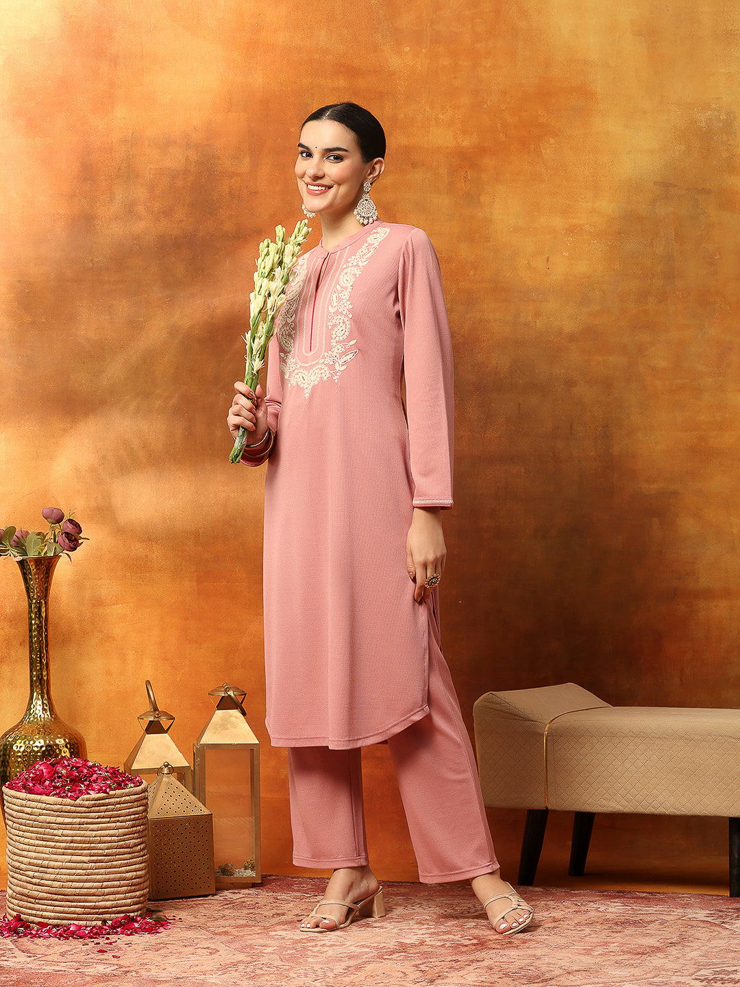 Wool Blend Embroidered Kurta Set with Mandarin Collar &amp; Elasticated Palazzo