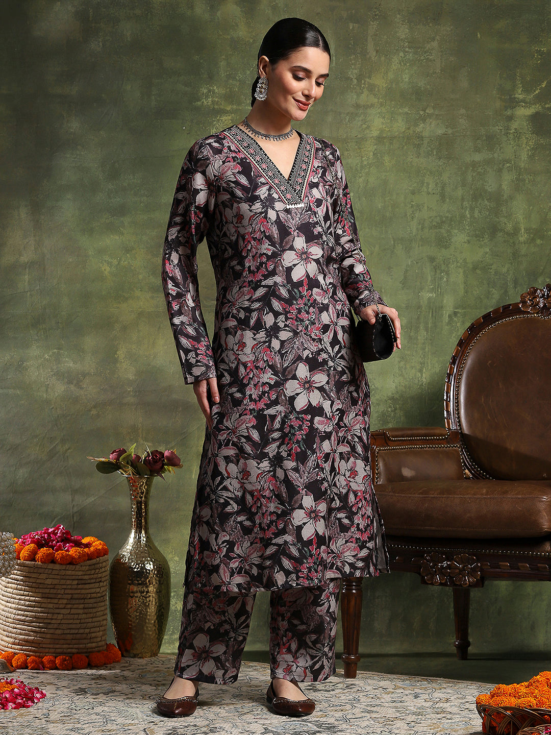 Wool Blend Floral Printed Kurta Set with Ethnic Embroidery &amp; Printed Palazzo