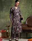 Wool Blend Floral Printed Kurta Set with Ethnic Embroidery & Printed Palazzo