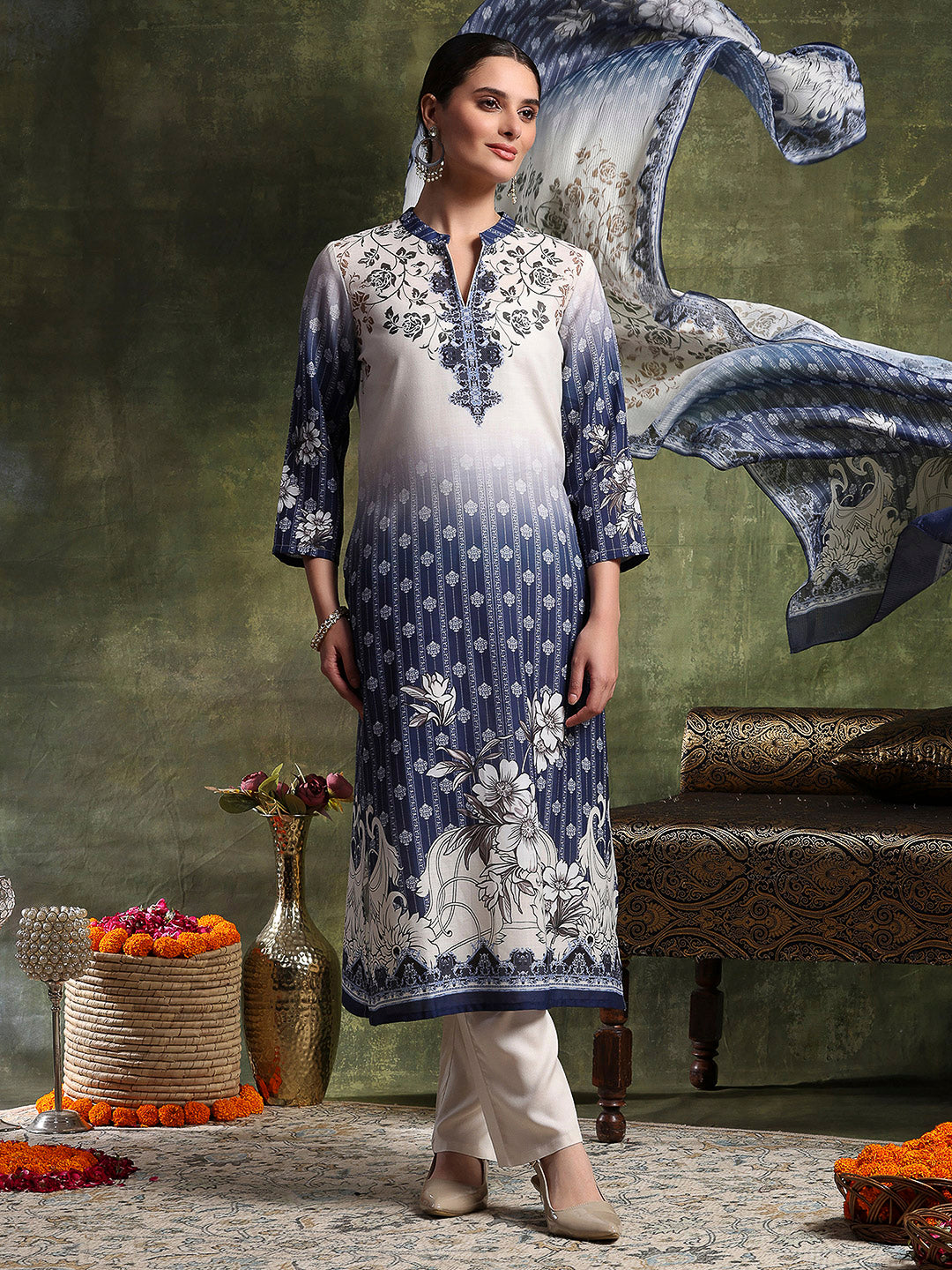 Linen Printed Kurta Set with Swarovski Detailing, Palazzo &amp; Kotta Dupatta