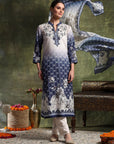 Linen Printed Kurta Set with Swarovski Detailing, Palazzo & Kotta Dupatta