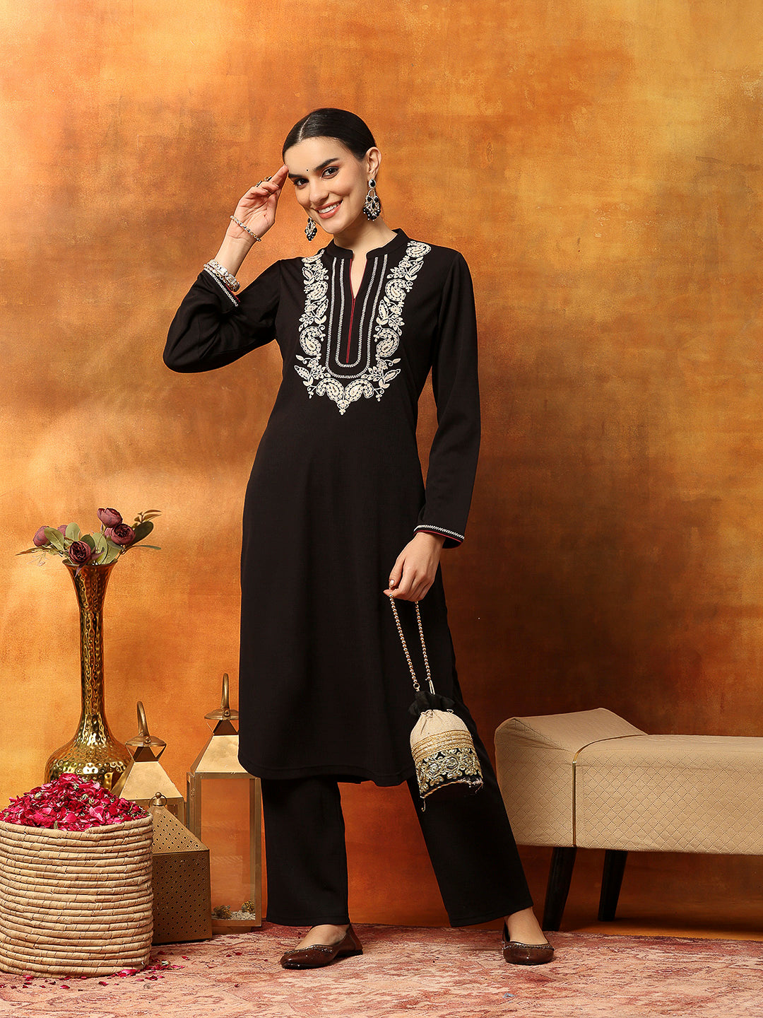 Wool Blend Embroidered Kurta Set with Mandarin Collar &amp; Elasticated Palazzo