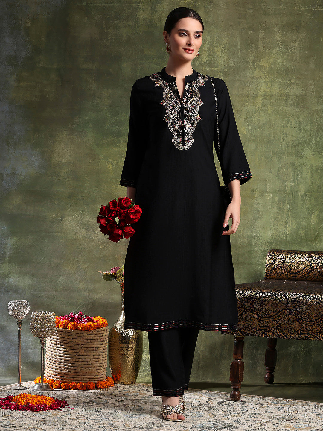 Poly Viscose Kurta Set with Zari-Embroidered Mandarin Collar