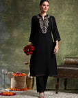 Poly Viscose Kurta Set with Zari-Embroidered Mandarin Collar
