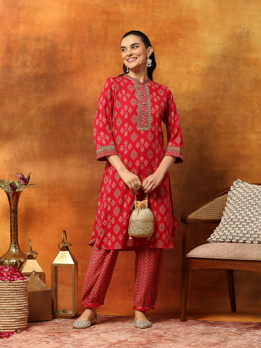 Viscose Rayon Zari Embroidered Kurta with Ethnic Print Palazzo