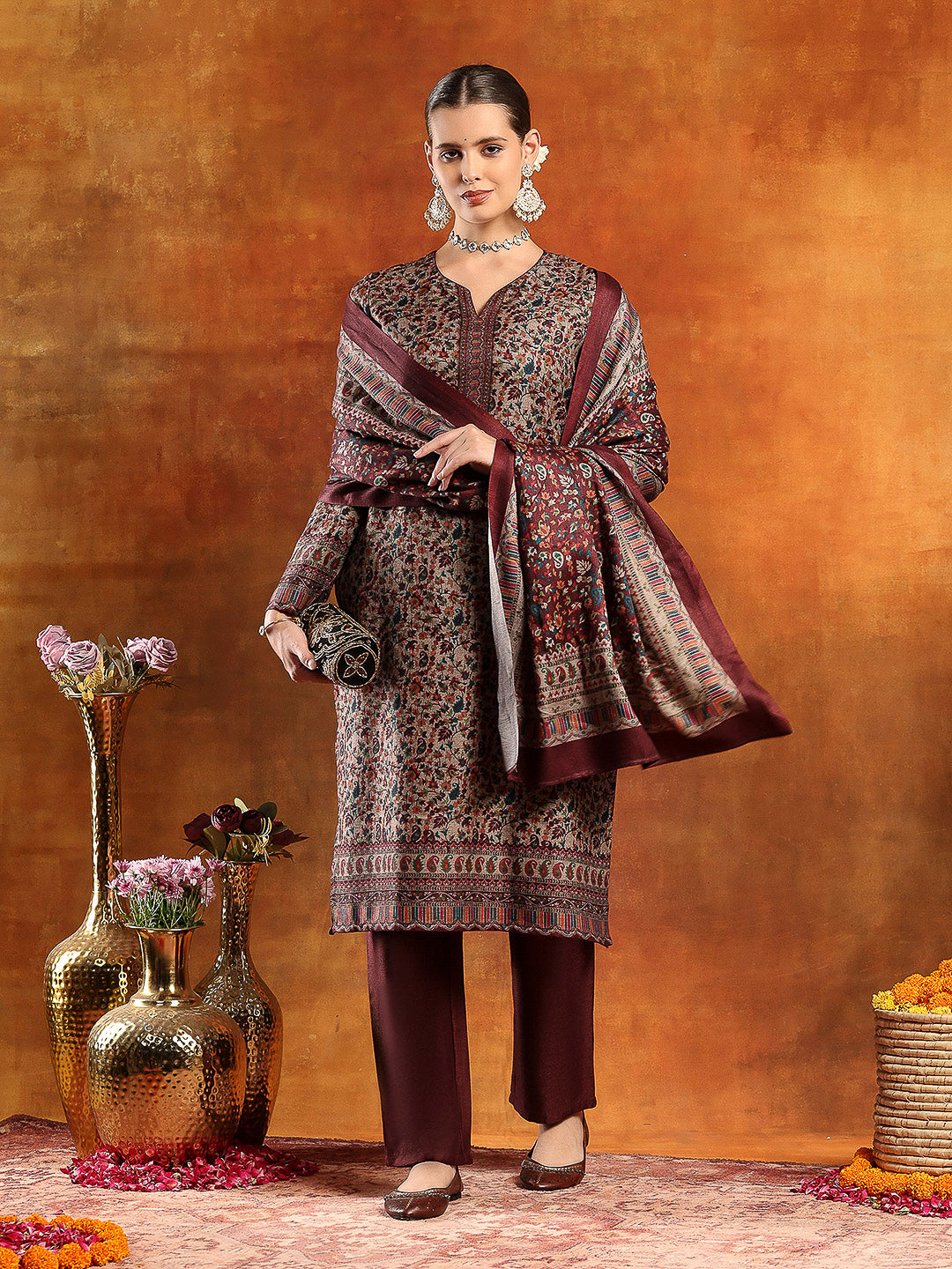 Pashmina Kani Print Kurta Set with Swarovski Yoke &amp; Wool Dupatta