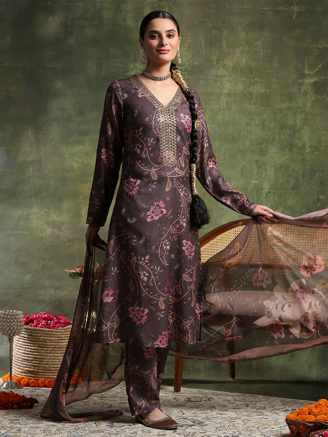 Floral Pashmina Wool Kurta Set with Chiffon Dupatta