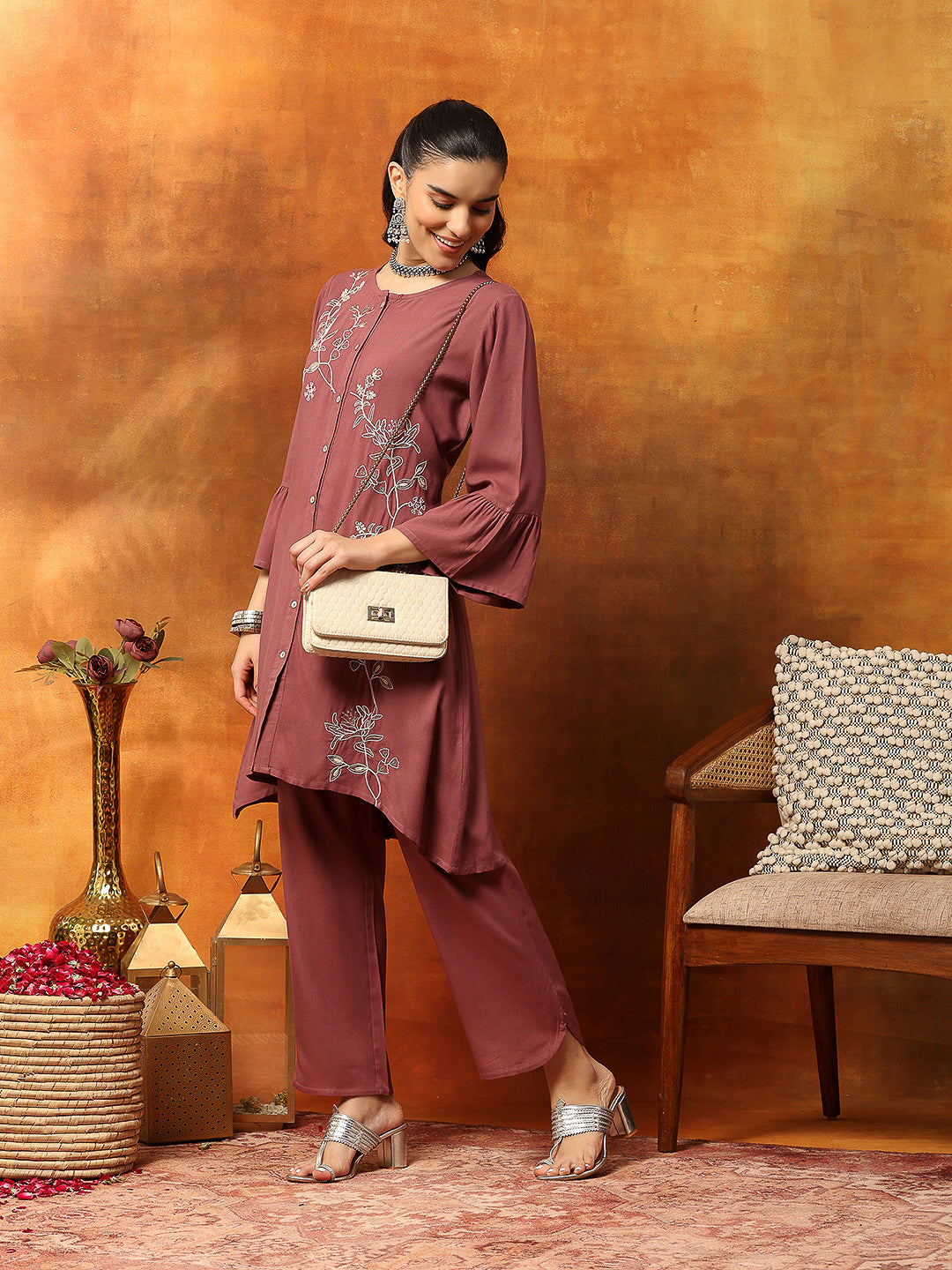 Solid A-Line Viscose Rayon Kurta Set with Thread Embroidery &amp; Bell Sleeves