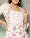 Floral Printed Sweetheart Neck Cotton Linen Kurta