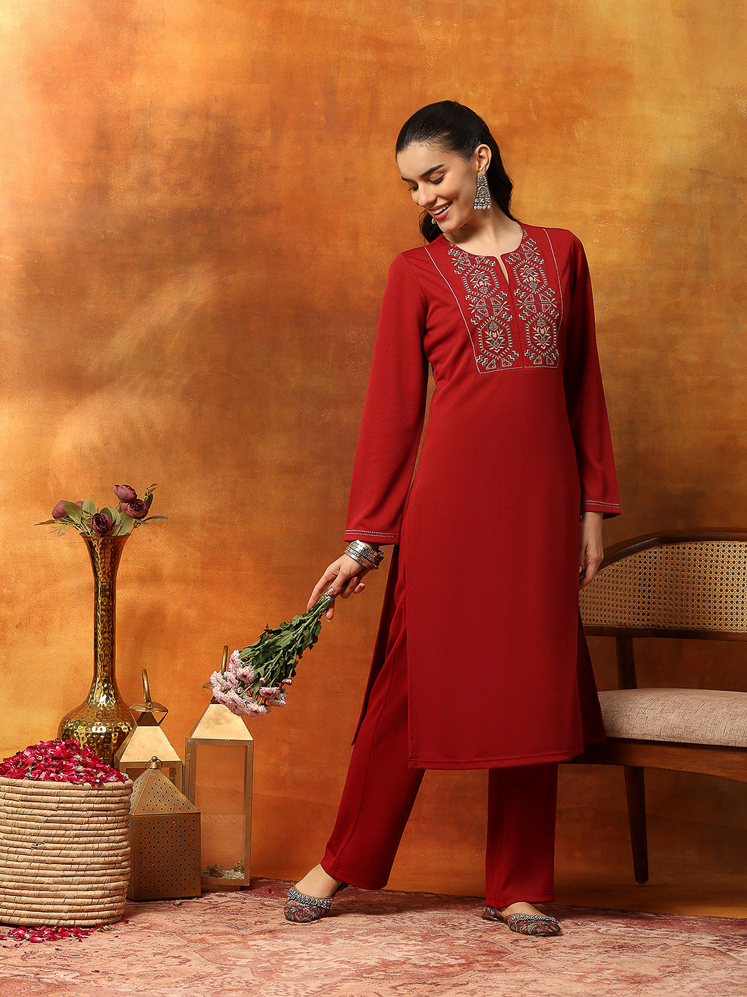 Wool Blend Calf-Length Kurta Set with Round Neck &amp; Thread Embroidery