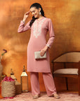Wool Blend Solid Kurta Set with Thread Embroidery & Elasticated Palazzo