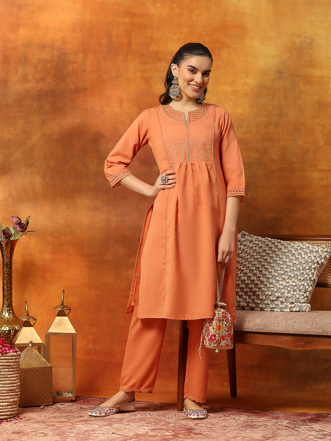 Silk Blend Embroidered Kurta Set with Palazzo &amp; Lace Hem