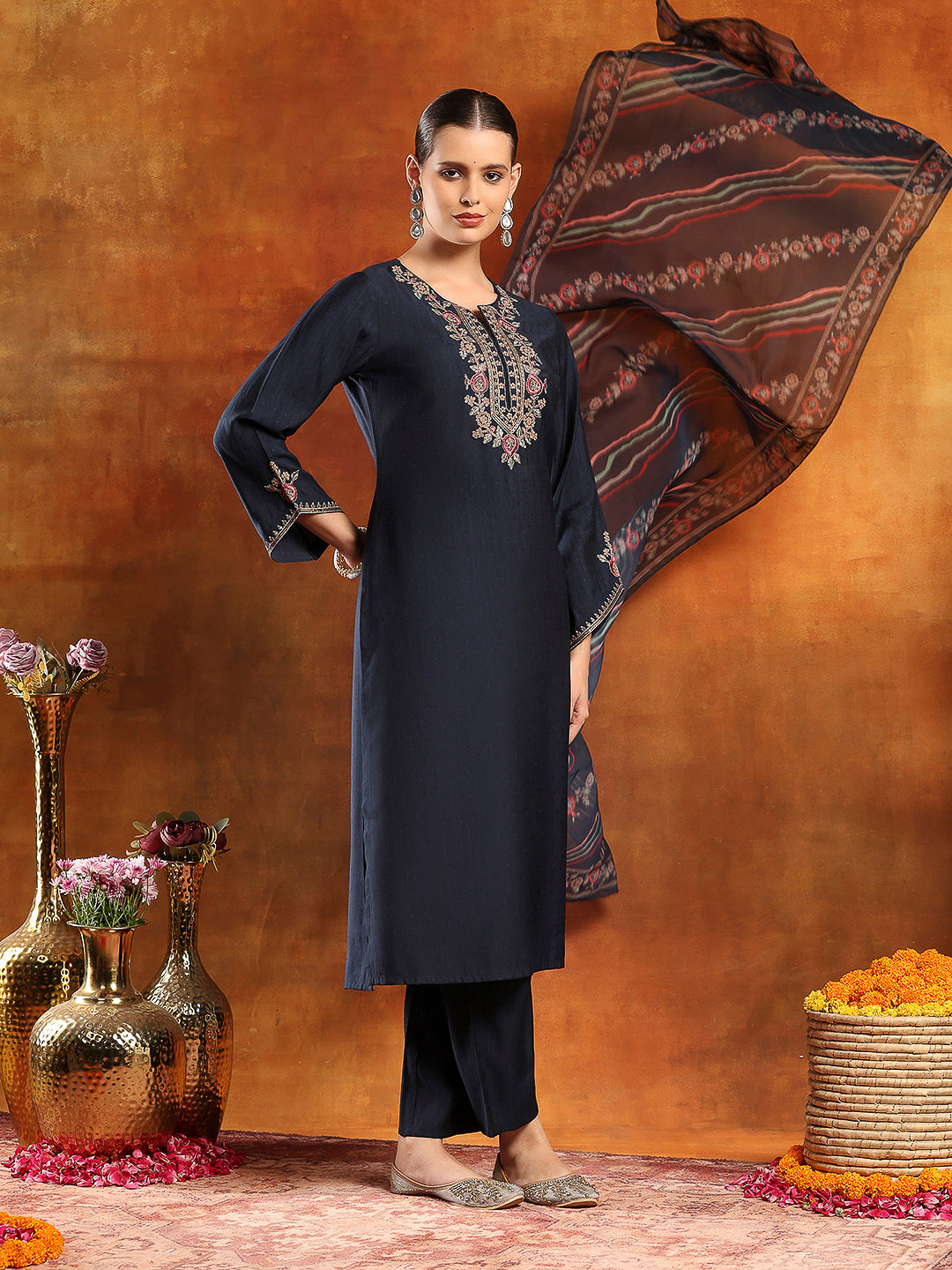 Poly Viscose Embroidered Kurta Set with Silk Palazzo &amp; Printed Chiffon Dupatta
