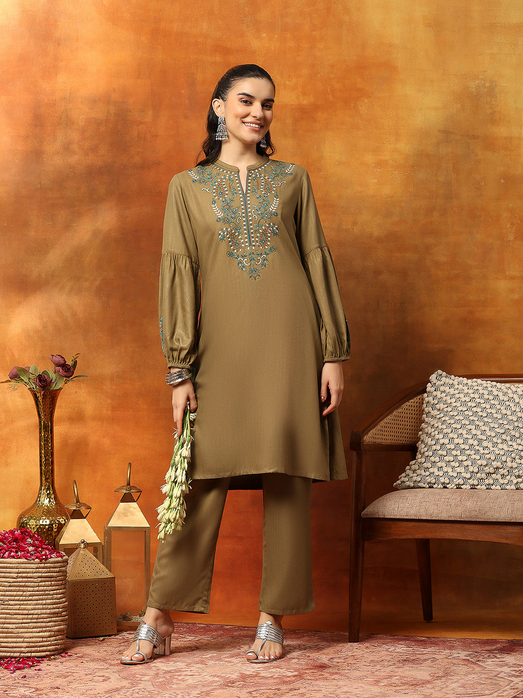 Rayon Kurti &amp; Palazzo Co-Ord Set with Embroidered Yoke