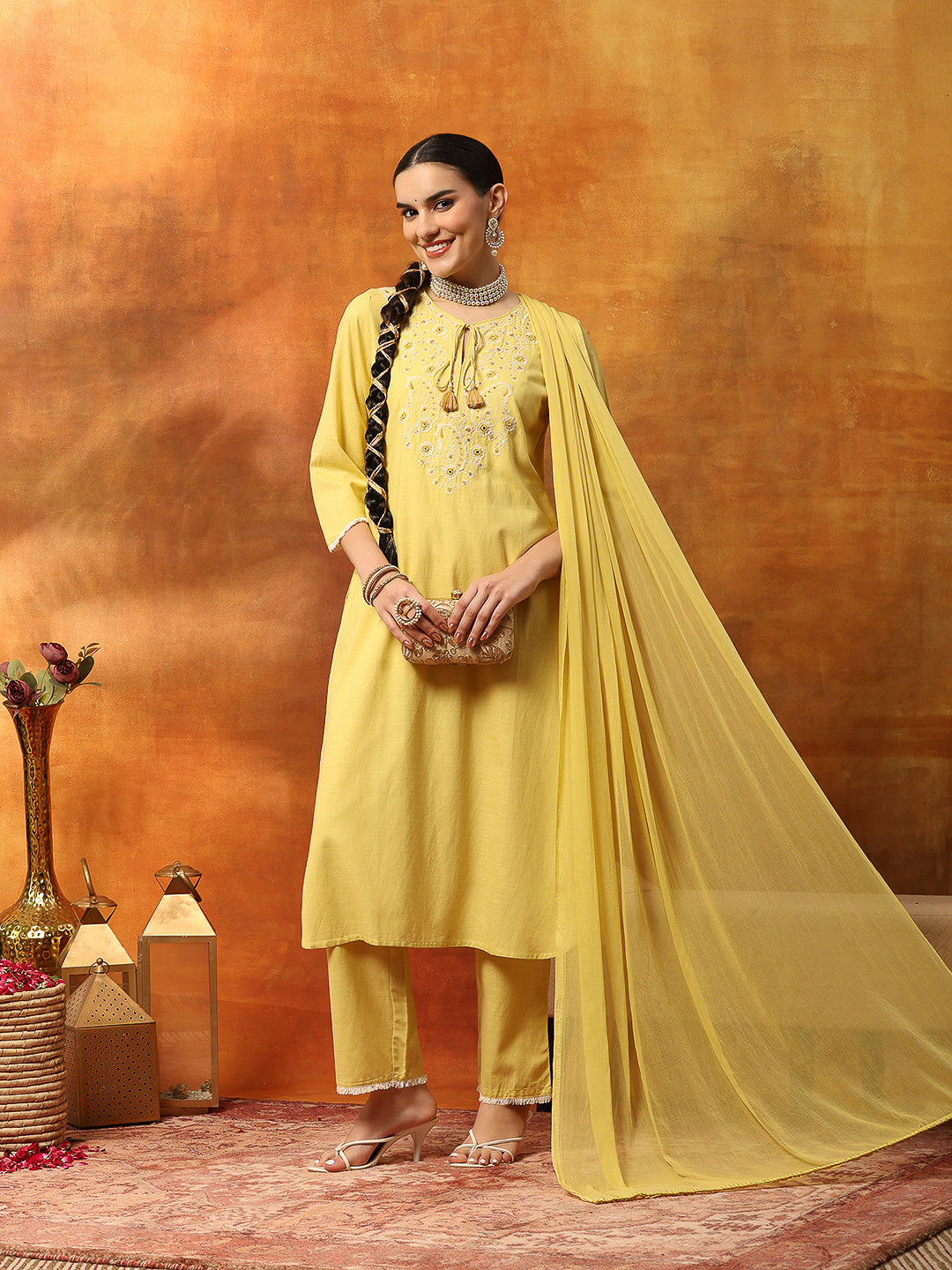 Fringe-Detailed Cotton Kurta Set with Embroidered Yoke &amp; Dupatta