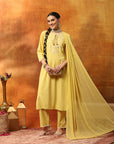 Fringe-Detailed Cotton Kurta Set with Embroidered Yoke & Dupatta