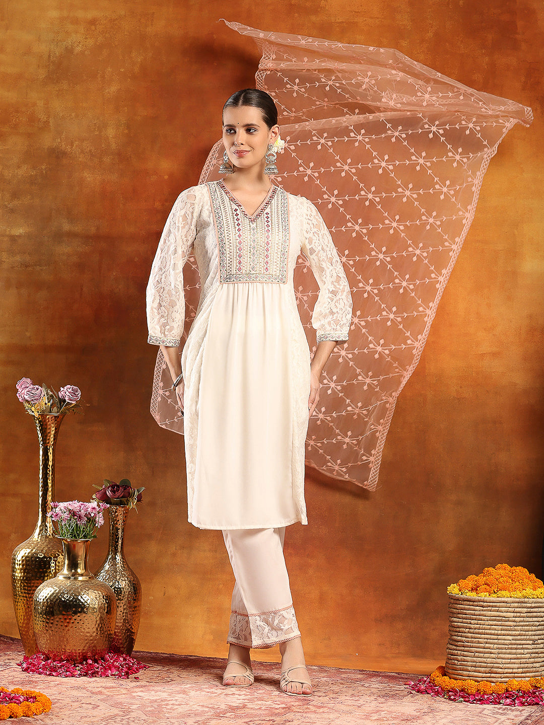 Crepe-Raschel Embroidered Kurta Set with Mesh Lace Dupatta