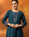 Floral Wool Blend Kurta Set with Embroidered Mandarin Collar & Printed Dupatta