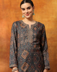 Wool Blend Floral Kurta Set with Zari Embroidery & Printed Elasticated Palazzo