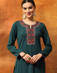 Wool Blend Kurta Set with Round Neck & Ethnic Embroidery
