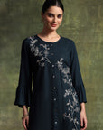 Solid A-Line Viscose Rayon Kurta Set with Thread Embroidery & Bell Sleeves