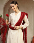 Cotton Flex Kurta Set with Embroidery, Palazzo & Organza Tassel Dupatta
