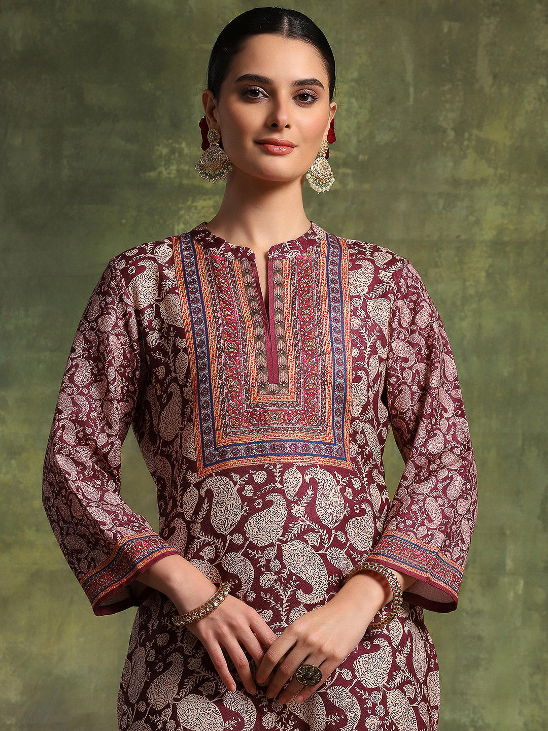 Paisley Wool Blend Kurta Set with Swarovski Detailing &amp; Chiffon Dupatta