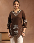Thread Embroidered Cotton Kurti with Lace-Trim Sleeves