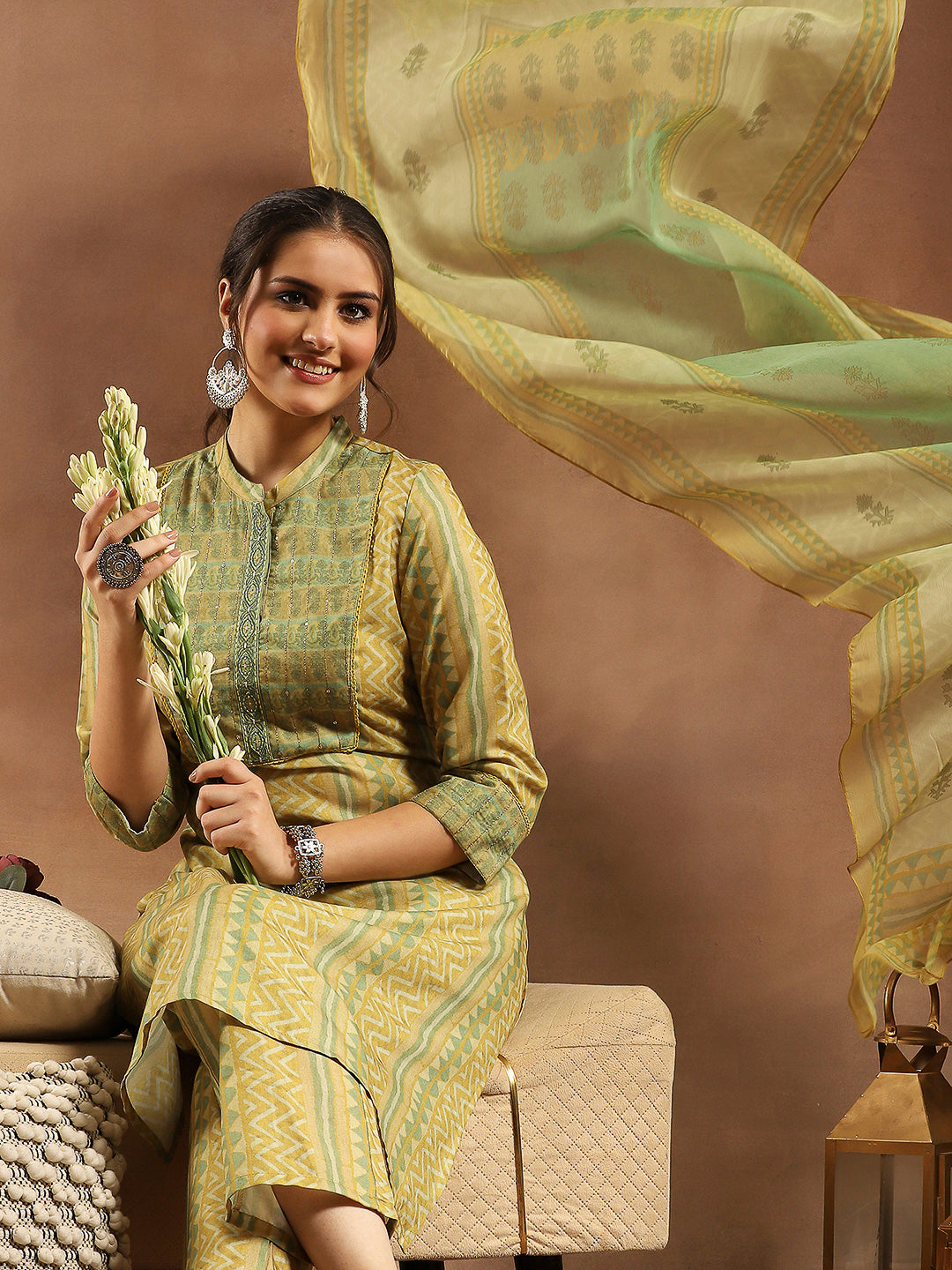 Tribal Printed Straight Kurta Set with Lace Detailing &amp; Chiffon Dupatta
