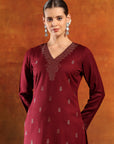 Calf-Length Jacquard Wool Kurta Set with Swarovski Detail & Dupatta
