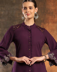 Crepe Festive Tunic with Zari Bell Sleeves & Frilled Mandarin Collar