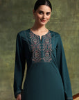 Wool Blend Calf-Length Kurta Set with Round Neck & Thread Embroidery
