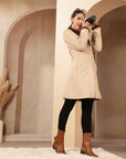 Suede Long Coat with Fur Collar & Sleeve Detailing