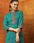 Viscose Rayon Zari Embroidered Kurta with Ethnic Print Palazzo