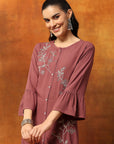 Solid A-Line Viscose Rayon Kurta Set with Thread Embroidery & Bell Sleeves