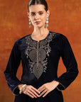 Velvet Zari-Embroidered Kurta Set with Palazzo & Banarasi Dupatta
