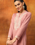 Wool Blend Solid Kurta Set with Thread Embroidery & Elasticated Palazzo