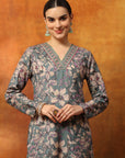 Wool Blend Floral Printed Kurta Set with Ethnic Embroidery & Printed Palazzo