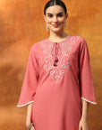 Fringe-Detailed Cotton Kurta Set with Embroidered Yoke & Dupatta