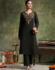 Denim Wool Kurta Set with Thread Embroidery & Palazzo
