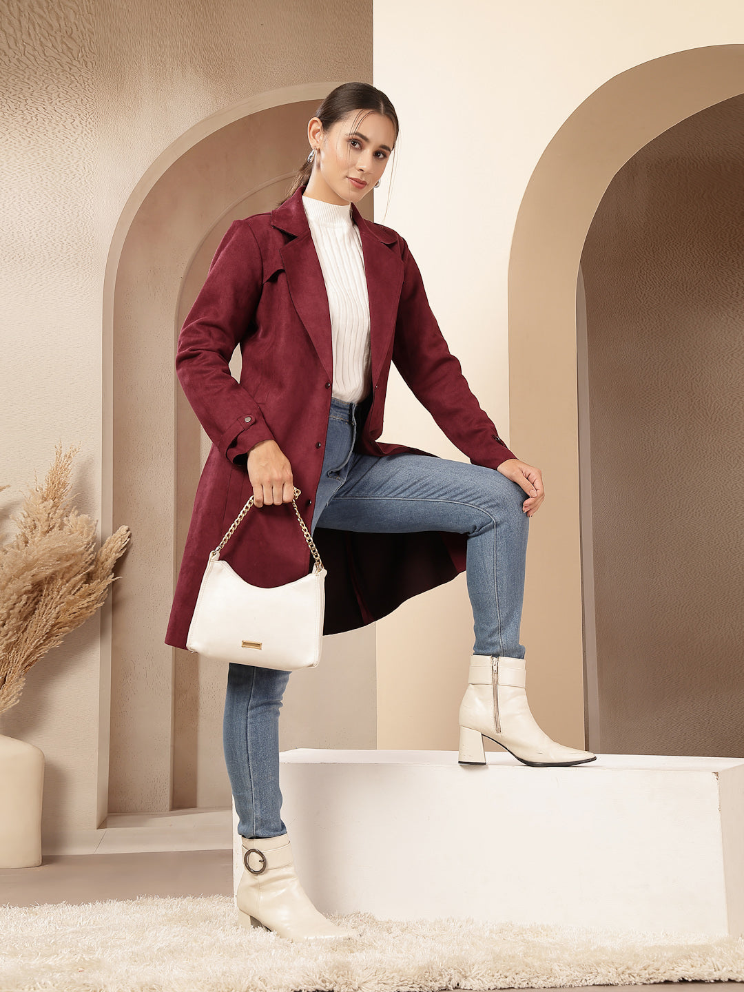 Suede Long Coat with Button Placket &amp; Tab-Sleeve Detailing