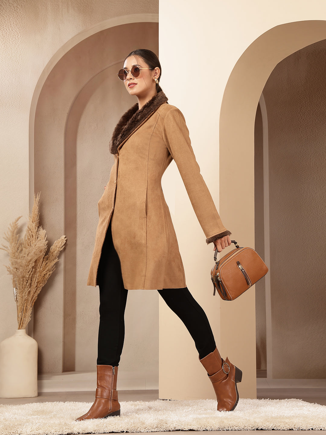 Suede Long Coat with Fur Collar &amp; Sleeve Detailing