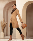 Suede Long Coat with Fur Collar & Sleeve Detailing