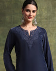 Velvet Embroidered Kurta Set with Organza Patti Sleeves & Palazzo