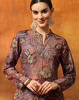Wool Blend Floral Printed Kurta Set with Mandarin Collar, Zari Work & Printed Palazzo