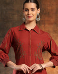 Solid A-Line Cotton Linen Shirt with Paisley Embroidery & Smocked Sleeves