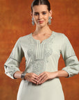 Twill Weave Embroidered Kurta Set with Lace-Trimmed Palazzo