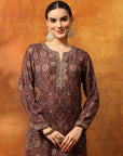 Wool Blend Floral Kurta Set with Zari Embroidery & Printed Elasticated Palazzo
